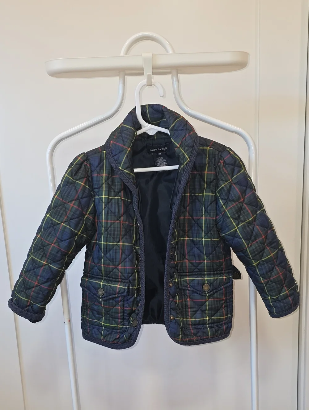 Ralph Lauren Quilted Plaid Puffer Jacket in Navy w/ Yellow & Red Accents 3T